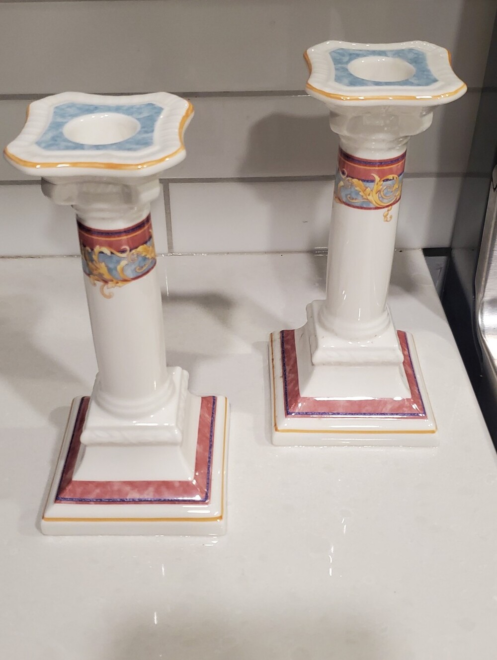 Vintage Villeroy & Boch "Vivaldi" pattern porcelain column candle holders.